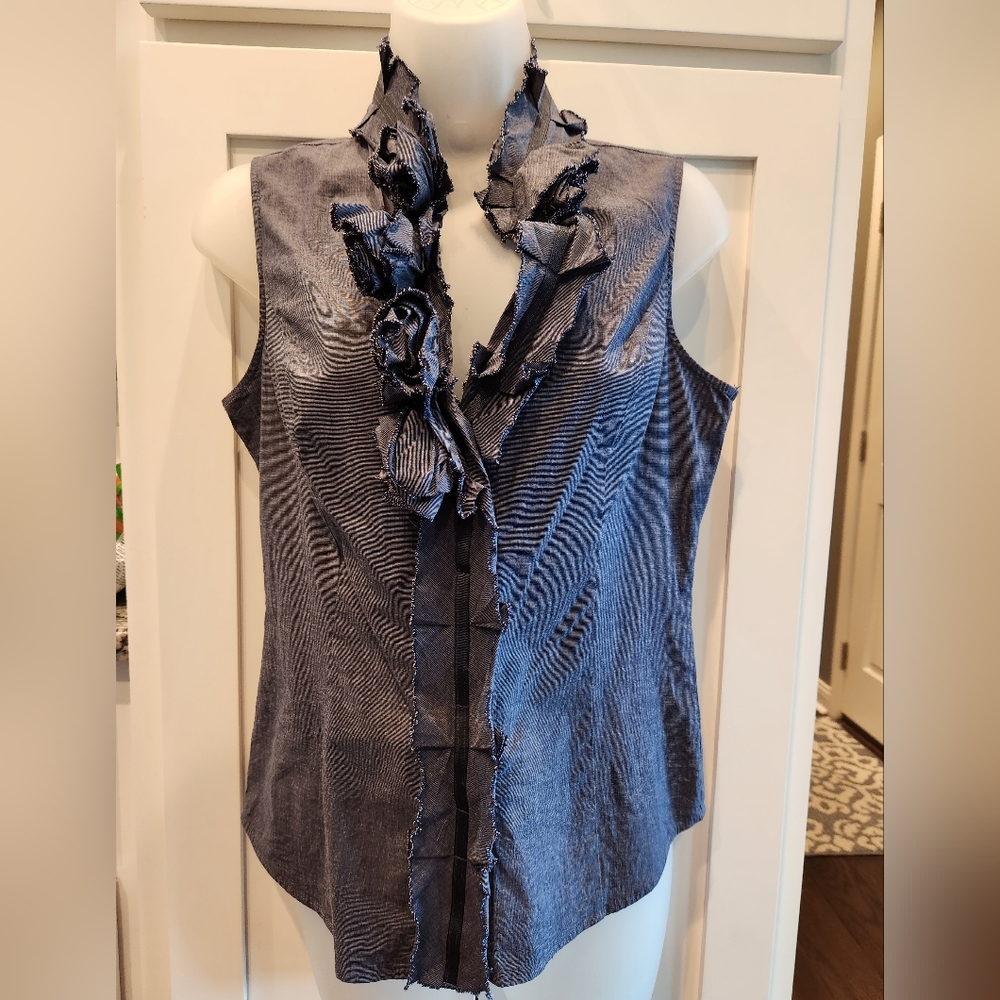 Chambray ruffle trim blouse